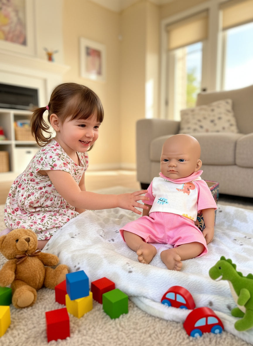 niña jugando con muñeco en salon