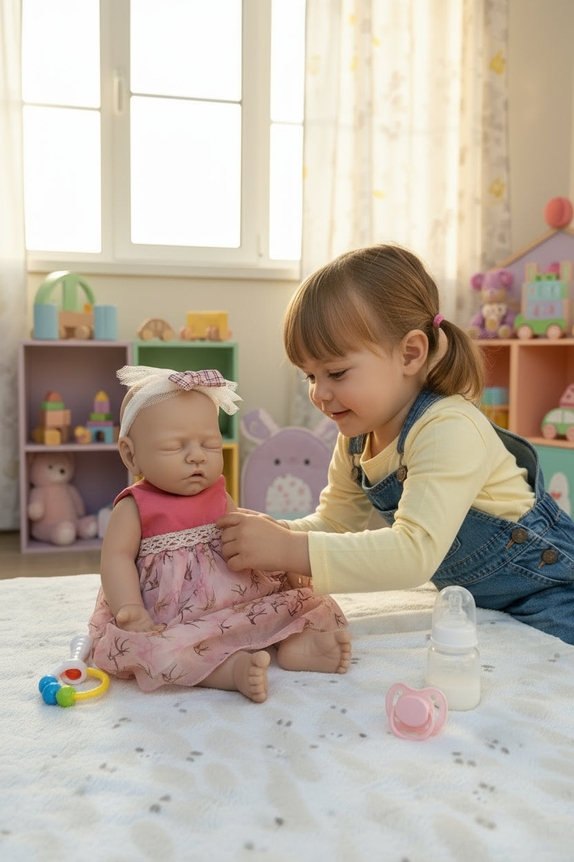 niña jugando con muñeca vestida de rosa