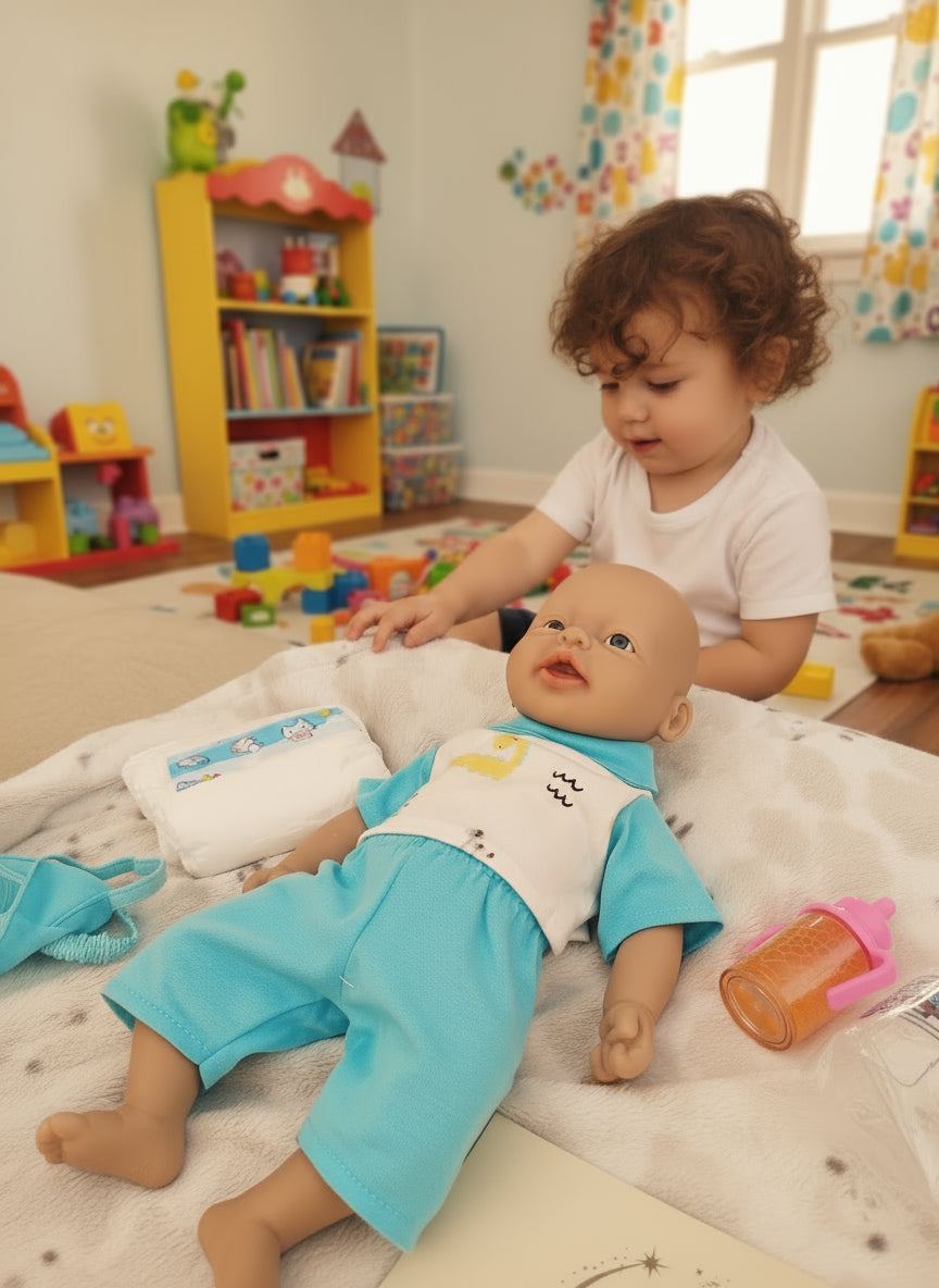 muñeco con traje azul y biberon