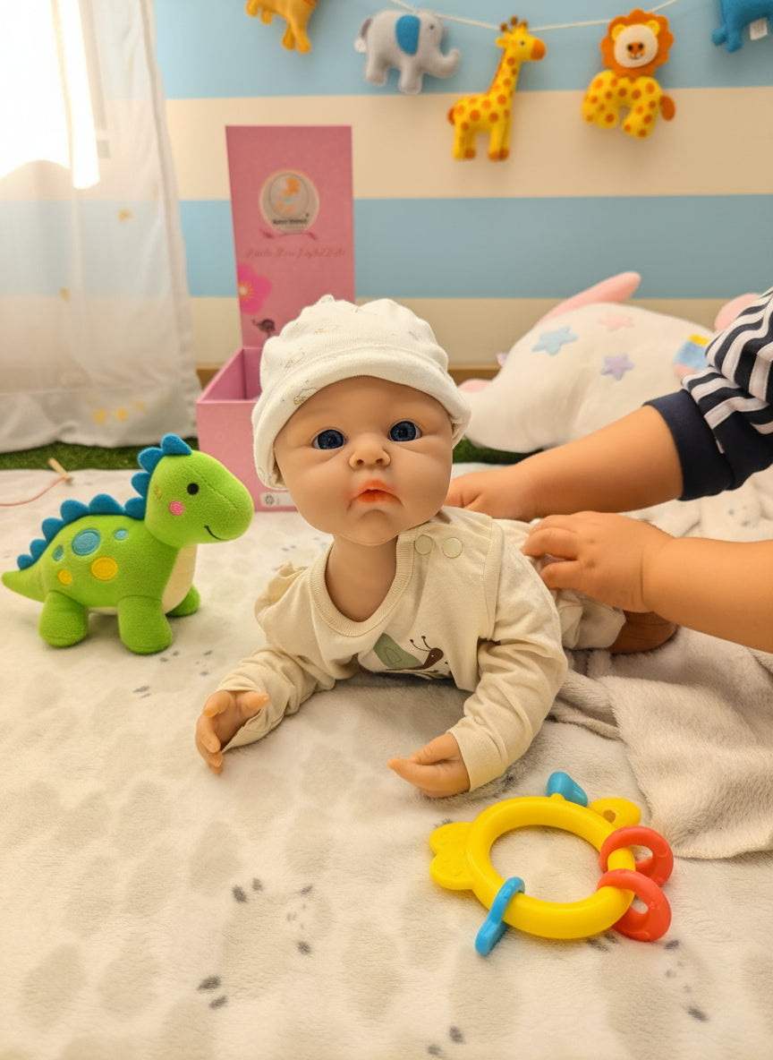 muñeco con gorro blanco sobre manta