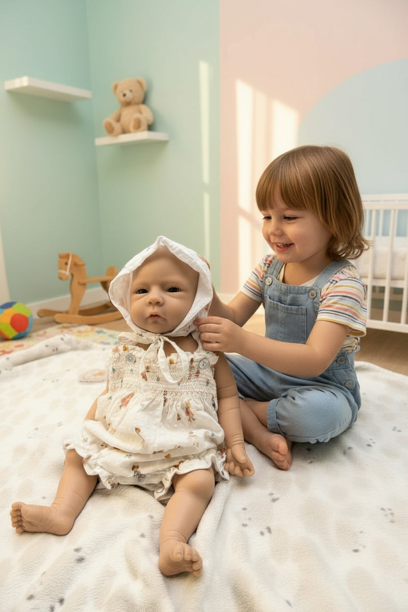 niña jugando con muñeco en cuarto