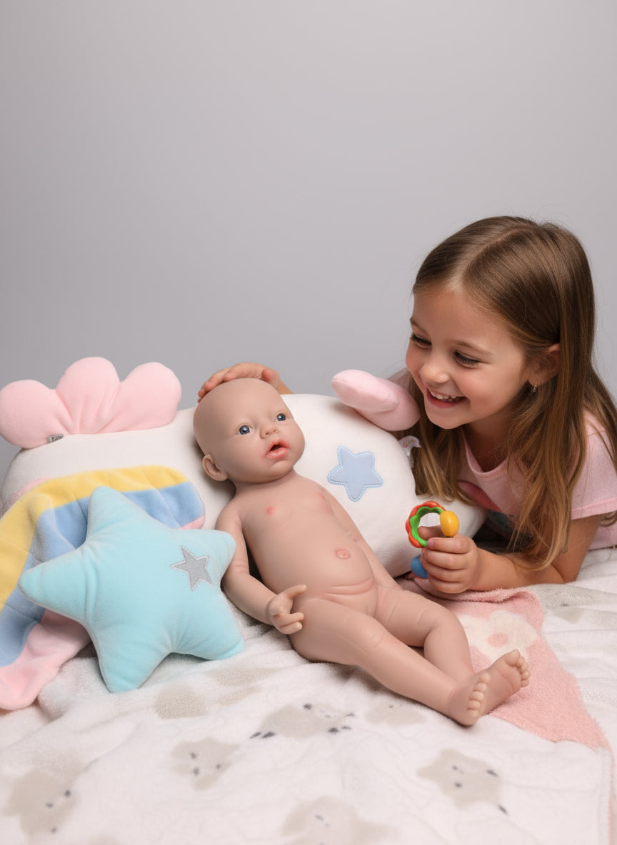 muñeco tumbado con niña jugando